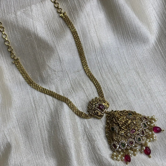 Antique Lakshmi Necklace with Ruby Beads & Pearl Danglers | CS-B1-011