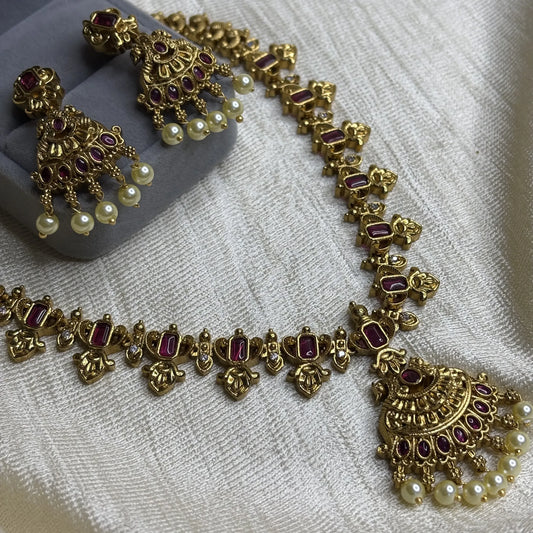 Temple Style Ruby Stone Necklace with Antique Finish | CS-B1-019
