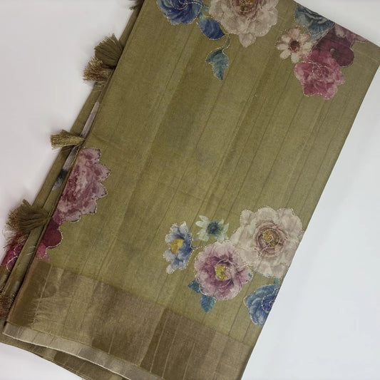 Tissue Silk Saree with Digital Floral and Ari Work (Light Olive Green) | K3-003