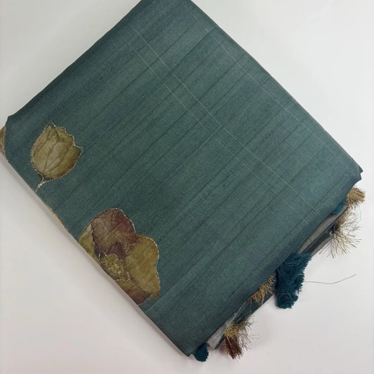 Tissue Silk Saree with Digital Floral and Ari Work (Dark Forest Green) | K3-005