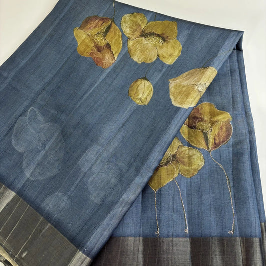 Tissue Silk Saree with Digital Floral and Ari Work (Petrol Blue) | K3-007