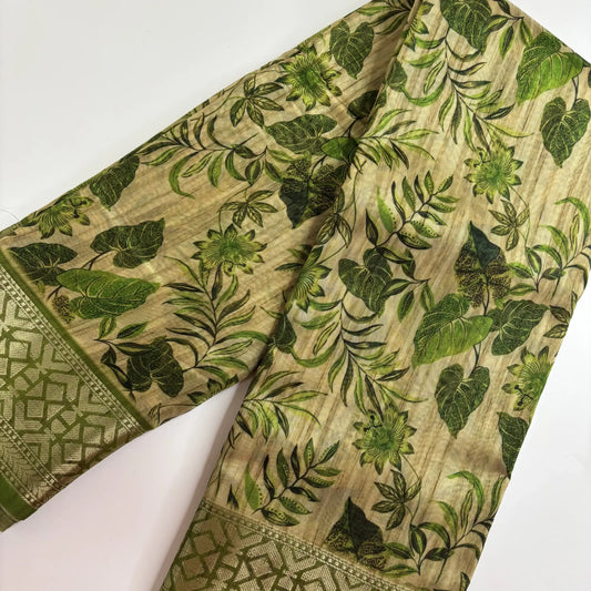 Jungle Fern – Cotton Jute Saree (Beige and Green) | M3-001