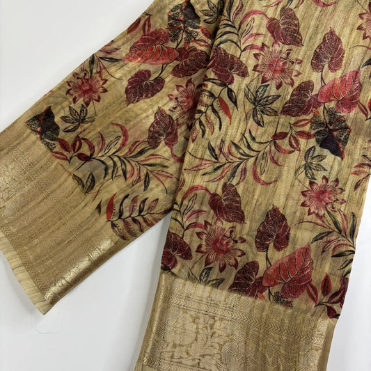 Jungle Fern – Cotton Jute Saree (Beige and Red) | M3-002