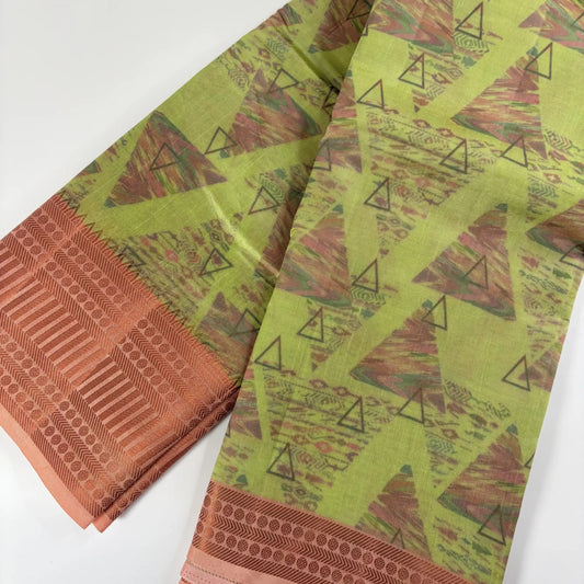 Green Geometric Print with Peach Pink Pallu – Tussar Silk Saree | K1-002