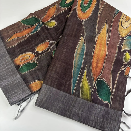 Abstract Earth – Cori Silk Saree with Multi-Color Print and Grey Border | T3-002