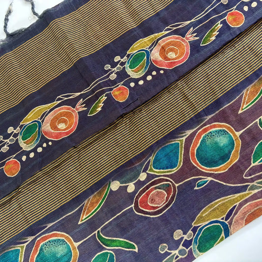 Abstract Night – Cori Silk Saree with Abstract Print and Striped Pallu | T3-007