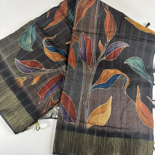 Charcoal Foliage – Cori Silk Saree with Abstract Print and Woven Border | T3-009