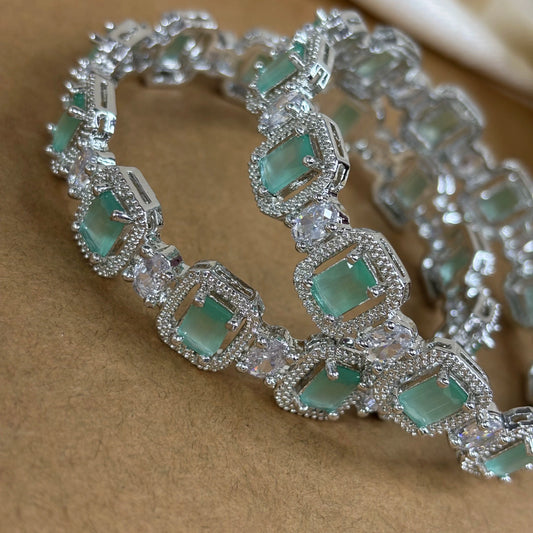 Emerald Elegance – Rhodium-Plated Bangles with CZ and Mint Green Stones | B-B2-002