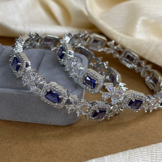 Sapphire Sparkle – Rhodium-Plated Bangles with AD and Sapphire Blue Stones | B-B2-003