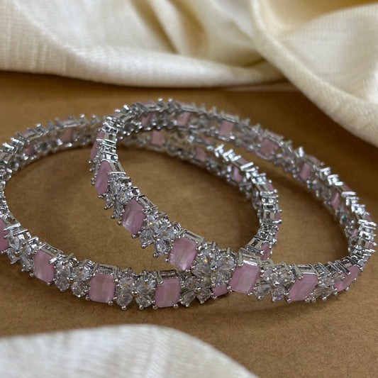 Blush Pink Elegance – Rhodium-Plated Bangles with AD and Rose Quartz Stones | B-B2-004