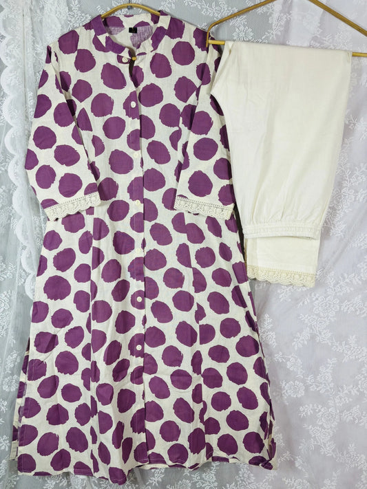White and Purple Polka Dot Kurthi Set | S1-003