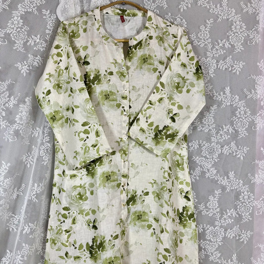 White and Green Floral Print Kurthi | Q2-001