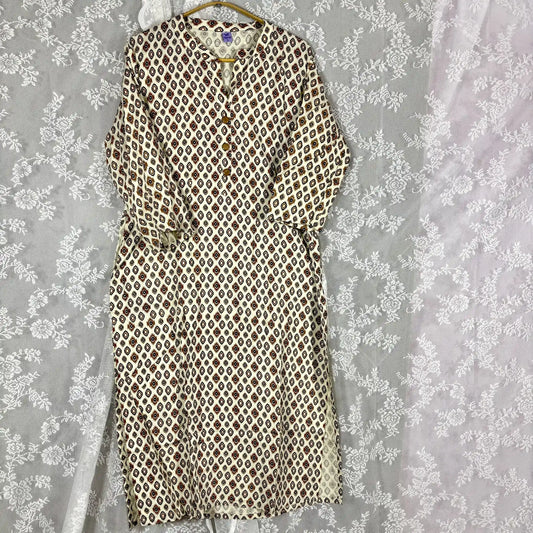White and Brown Geometric Print Kurthi | S2-002