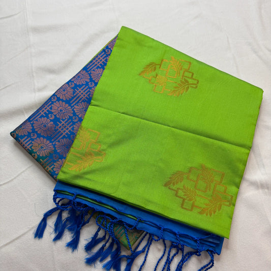 Vibrant Green & Blue – Soft Silk Saree with Floral Pallu -SKU: J4-013