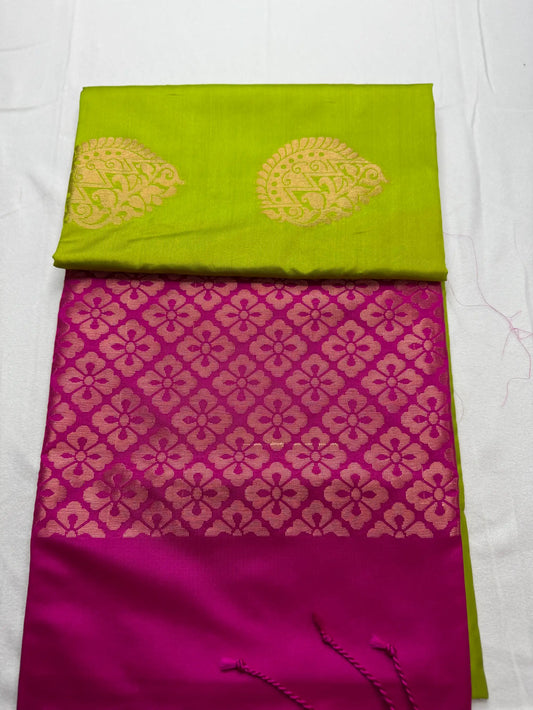 Vibrant Green & Pink – Semi Silk Saree with Floral Pallu -SKU: J4-004