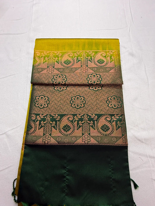 Dual-Tone Green & Yellow – Soft Silk Saree with Floral Pallu -SKU: J4-005