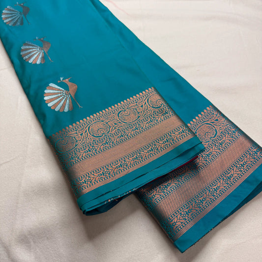 Peacock Blue & Gold – Semi Silk Saree with Woven Peacock Motifs -SKU: I2-002