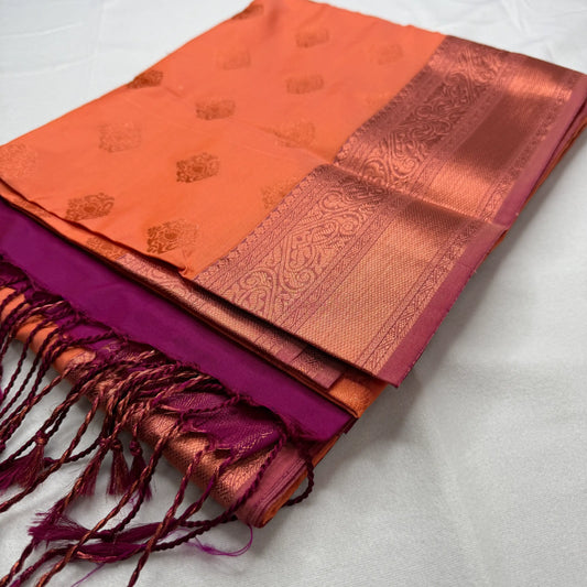 Soft Peach & Magenta – Soft Silk Saree with Floral Pallu -SKU: H3-001
