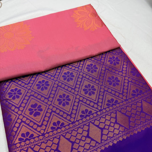 Dusty Rose & Violet – Soft Silk Saree with Floral Pallu -SKU: H4-003
