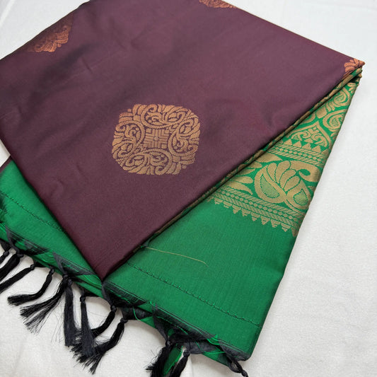 Wine Red & Emerald Green – Soft Silk Saree with Woven Pallu -SKU: H4-005
