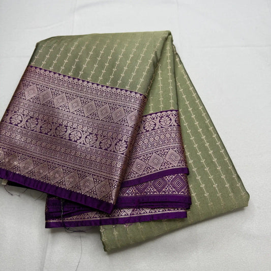 Muted Green & Purple – Soft Silk Saree with Geometric Border -SKU: H1-003