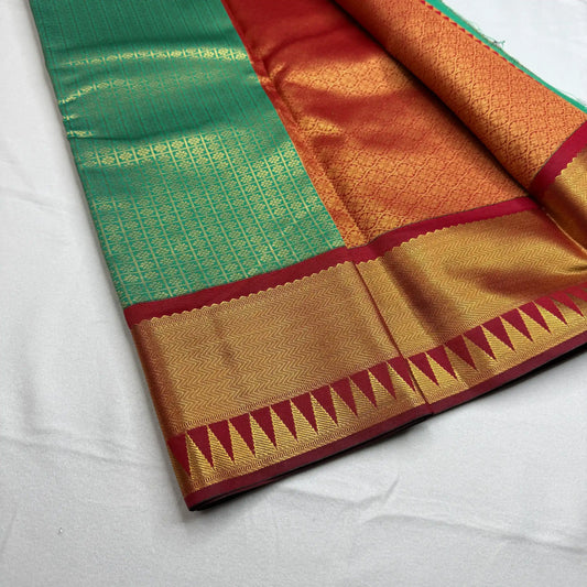 Serene Green & Maroon – Soft Silk Saree with Temple Border -SKU: H1-002