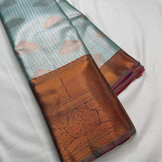 Light Blue & Copper Red – Soft Silk Saree with Woven Pallu -SKU: H1-001