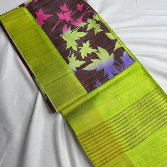 Black & Neon Green – Tussar Saree with Floral Print -SKU: G3-002
