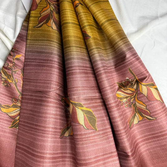 Ombre Wine & Gold – Cotton Saree with Leaf Print -SKU: E2-001