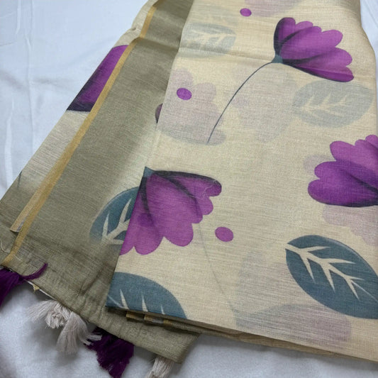 Elegant Beige Fancy Cotton Silk Saree with Purple Floral Print -E1-001