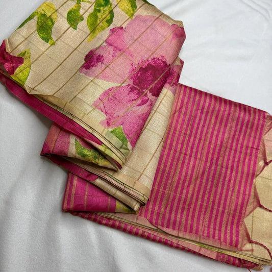 Fuchsia Pink & Beige – Linen Saree with Floral Print -SKU: E0-001