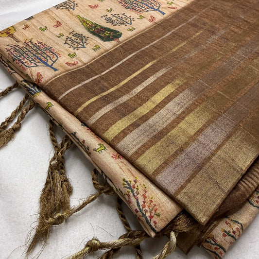 Beige & Rustic Brown – Dupian Tussar Saree with Tree Print -SKU: G0-002