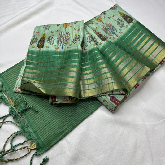 Seafoam Green & Forest Green – Dupian Tussar Saree with Tree Print -SKU: G0-001