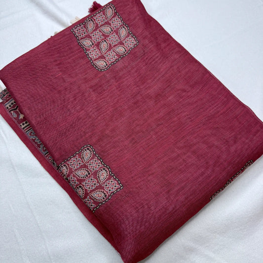 Maroon & Multi-color – Linen Saree with Block Print -SKU: F1-002