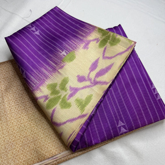 Royal Plum & Beige – Handloom Saree with Ikat Pallu and Geometric Body - H0-002