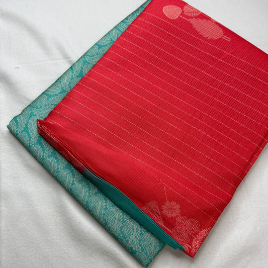 Coral red & Turquoise green – Handloom Saree with Ikat Pallu and Geometric Body - H0-006