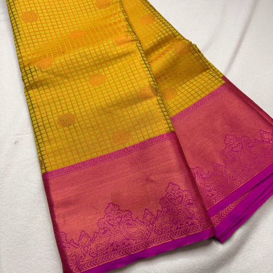 Radiant Yellow & Pink – Semi Silk Saree with Checked Body -SKU: P1-005