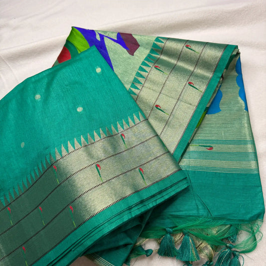 Regal Teal Green – Authentic Handloom Paithani Saree with Peacock Motifs | N2-002