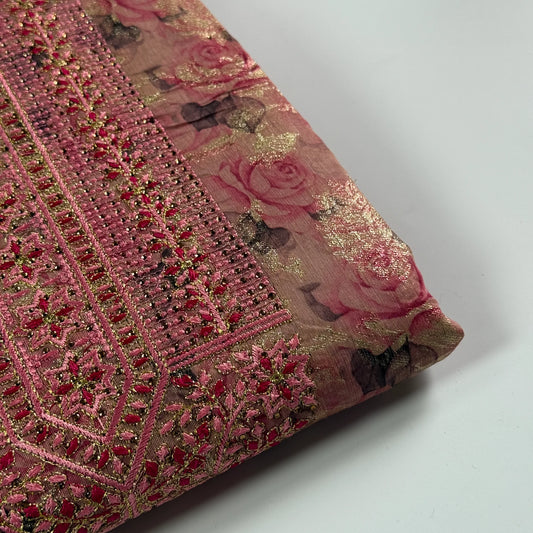 Rose Garden – Unstitched Kurthi Set with Floral Print and Ombre Dupatta | Q0-002