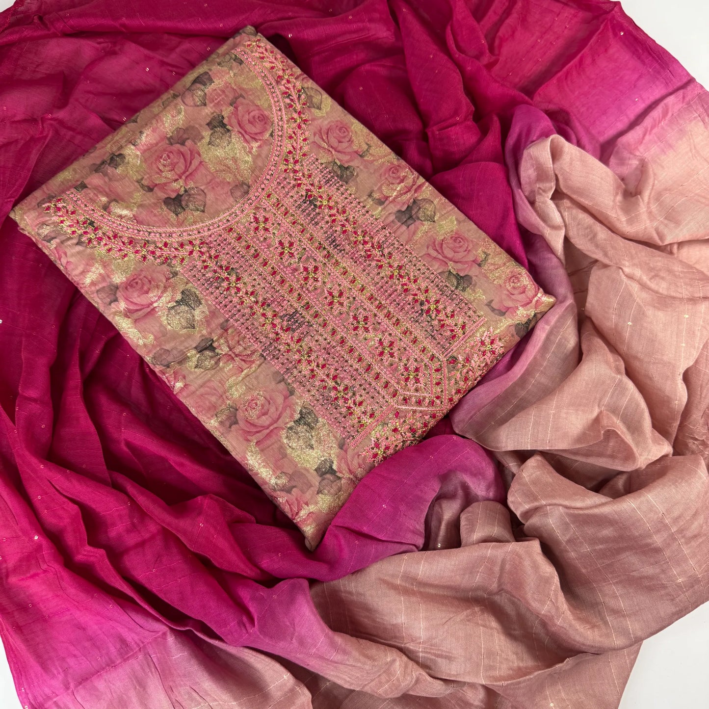 Rose Garden – Unstitched Kurthi Set with Floral Print and Ombre Dupatta | Q0-002