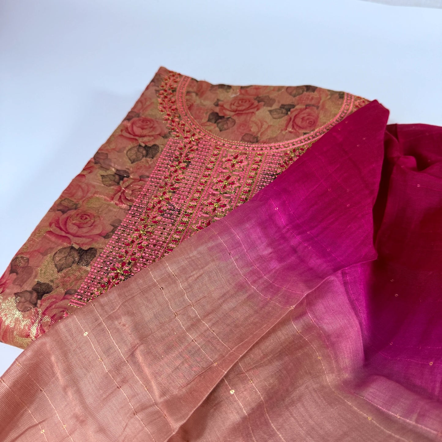 Rose Garden – Unstitched Kurthi Set with Floral Print and Ombre Dupatta | Q0-002