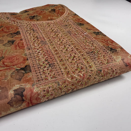 Coral Rose – Unstitched Suit Set with Floral Print and Ombre Dupatta | Q0-003