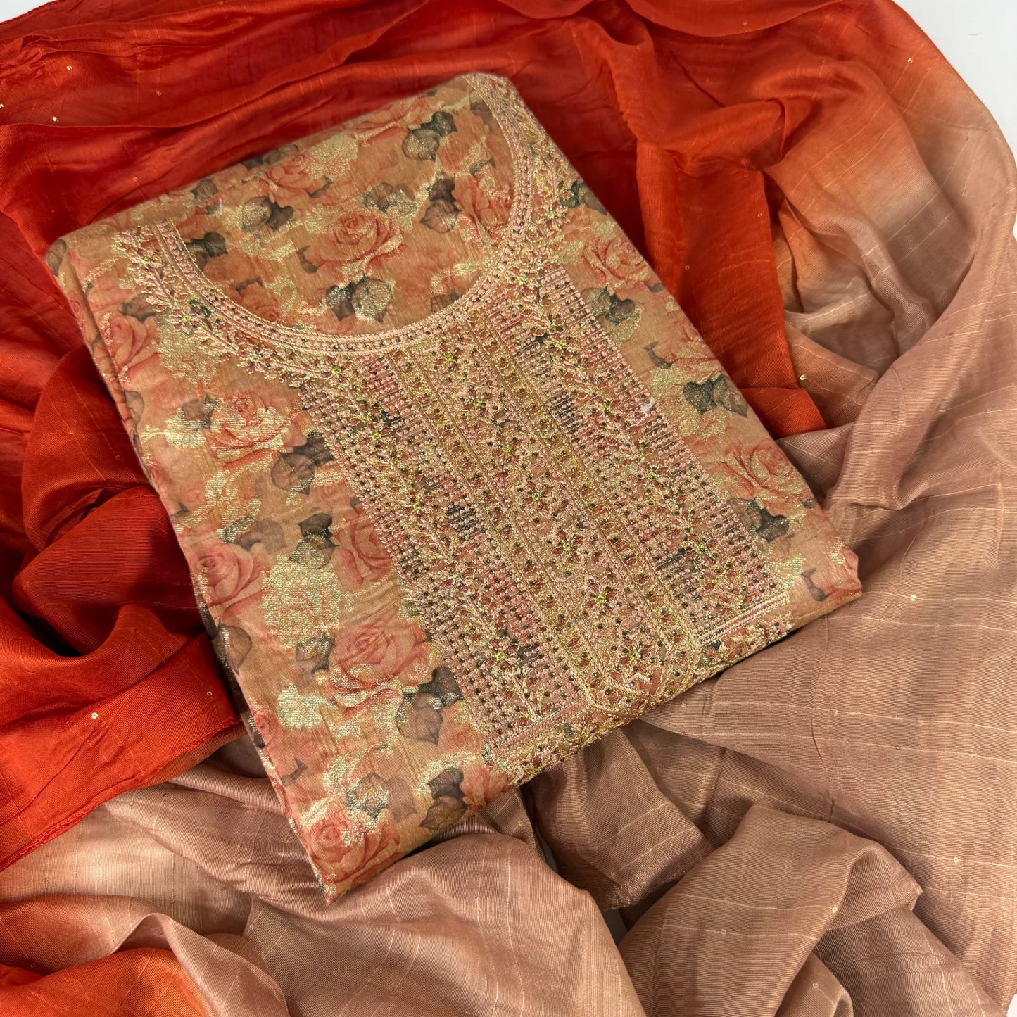 Coral Rose – Unstitched Suit Set with Floral Print and Ombre Dupatta | Q0-003