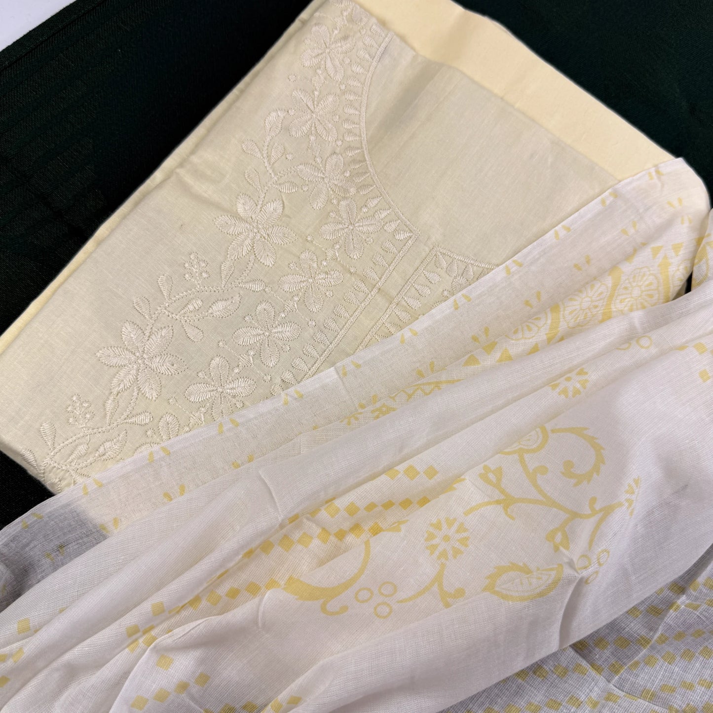 Ivory Bloom – Unstitched Suit Set with Floral Embroidery and Printed Dupatta | T0-004