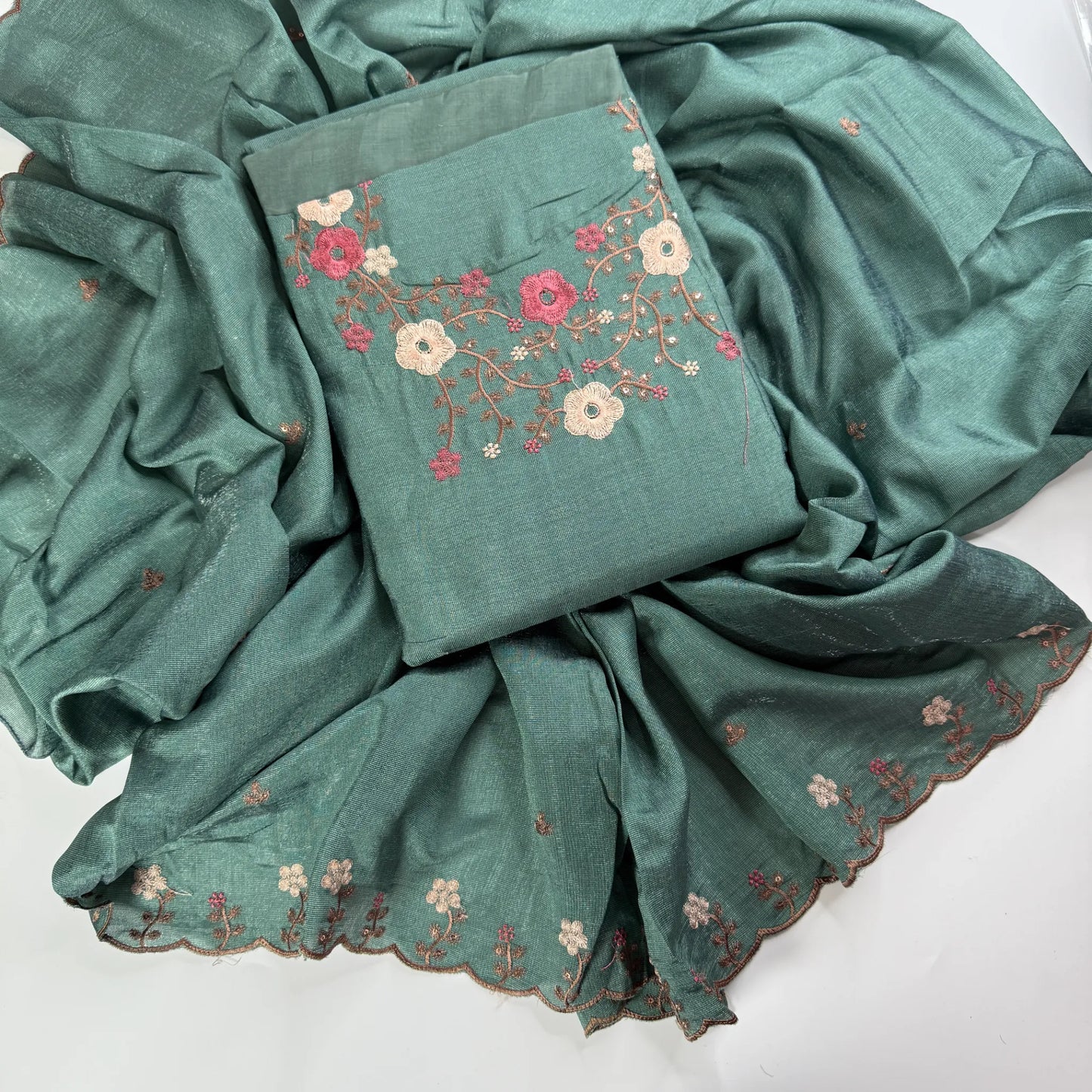 Emerald Blossom – Unstitched Suit Set with Floral Embroidery | S0-005