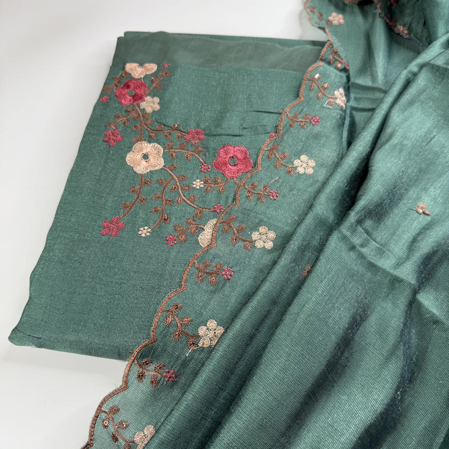 Emerald Blossom – Unstitched Suit Set with Floral Embroidery | S0-005