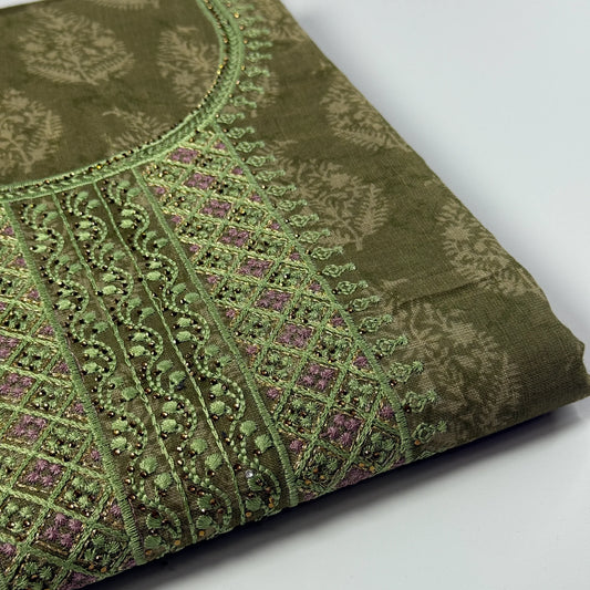 Olive Green Embroidered Unstitched Suit Set | R0-005