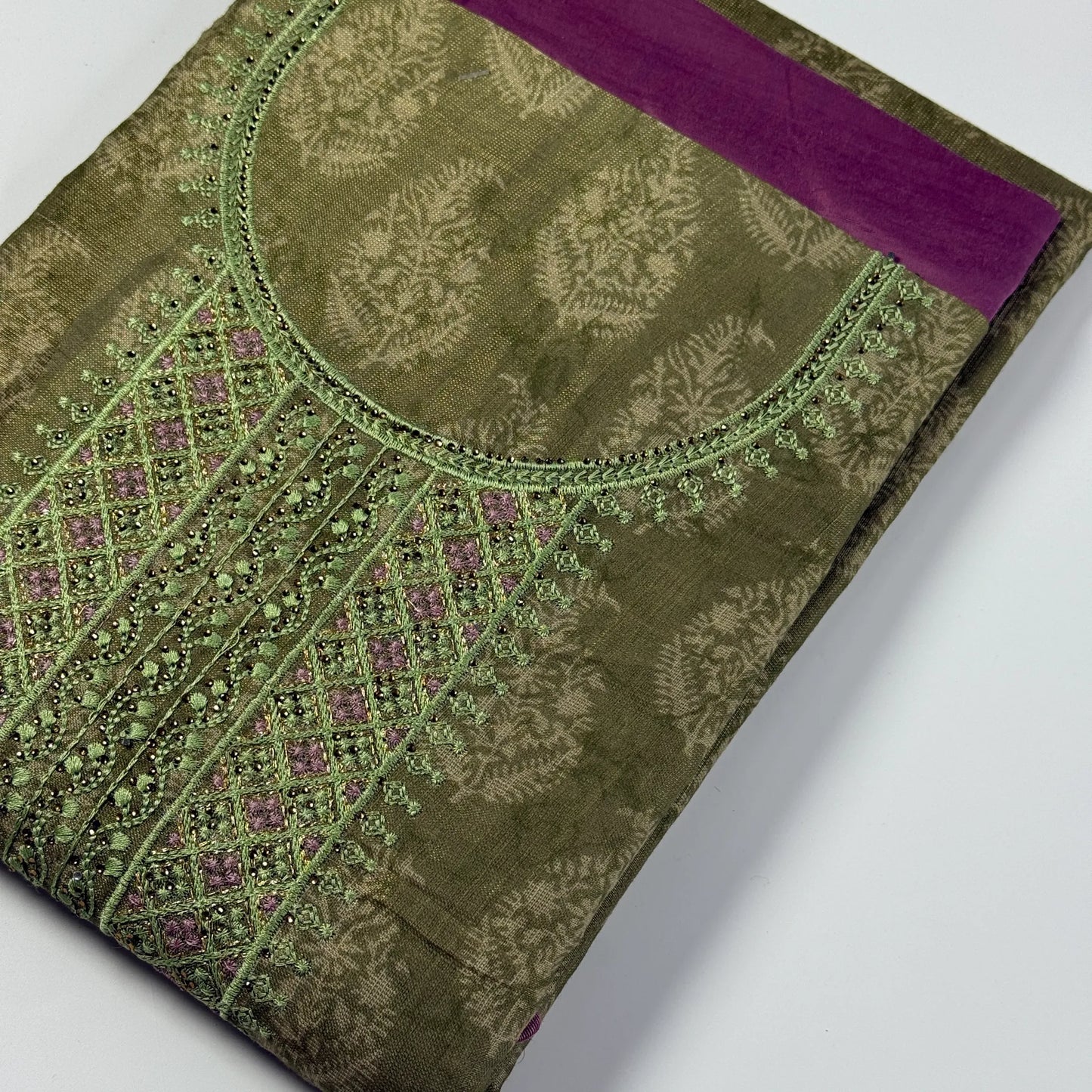 Olive Green Embroidered Unstitched Suit Set | R0-005