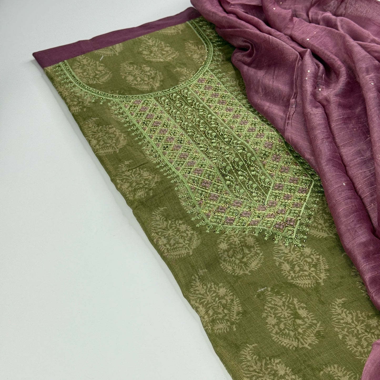 Olive Green Embroidered Unstitched Suit Set | R0-005