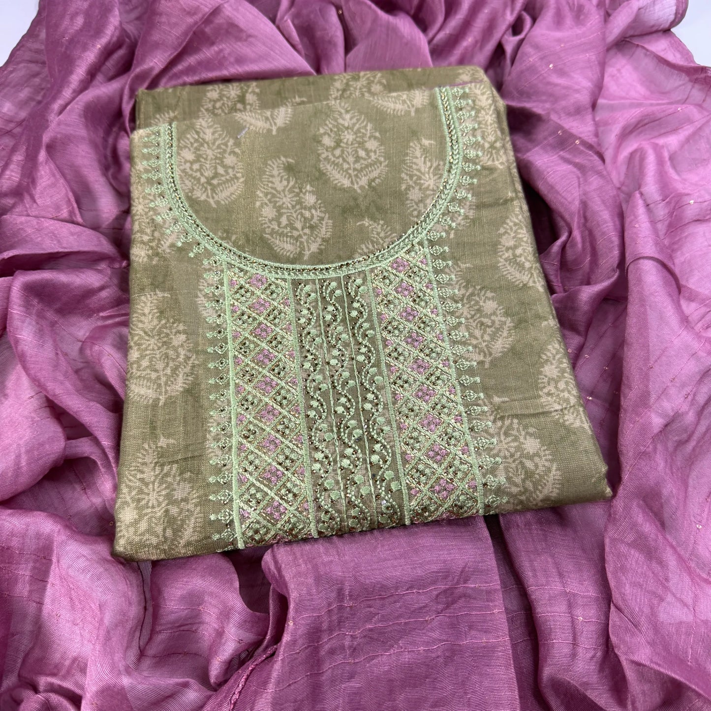Olive Green Embroidered Unstitched Suit Set | R0-005